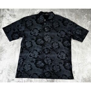 Bugatchi Polo Shirt Mens Large Black Floral Egyptian Cotton Excellent Hibiscus